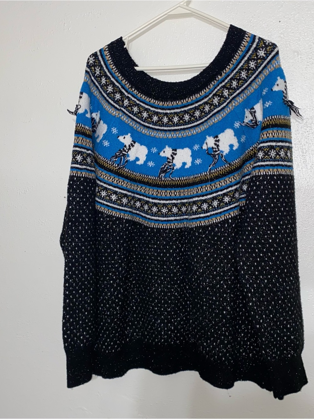 Women's Polar Bear Fair Isle Ugly Xmas Sweater Black Blue Shimmer 2X